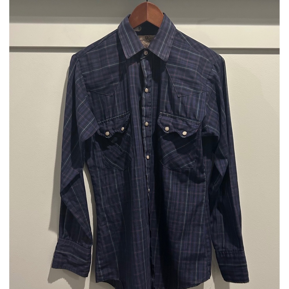 Vintage Dee Cee Brand Shirt Medium Navy Plaid Pearl Snap Western Sawtooth READ